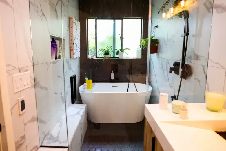 View of the bathroom of one of the two ADUs built on an 8000-square-foot lot in Berkeley, Calif., on Friday, May 24, 2023. (Ray Chavez/Bay Area News Group)<br />
