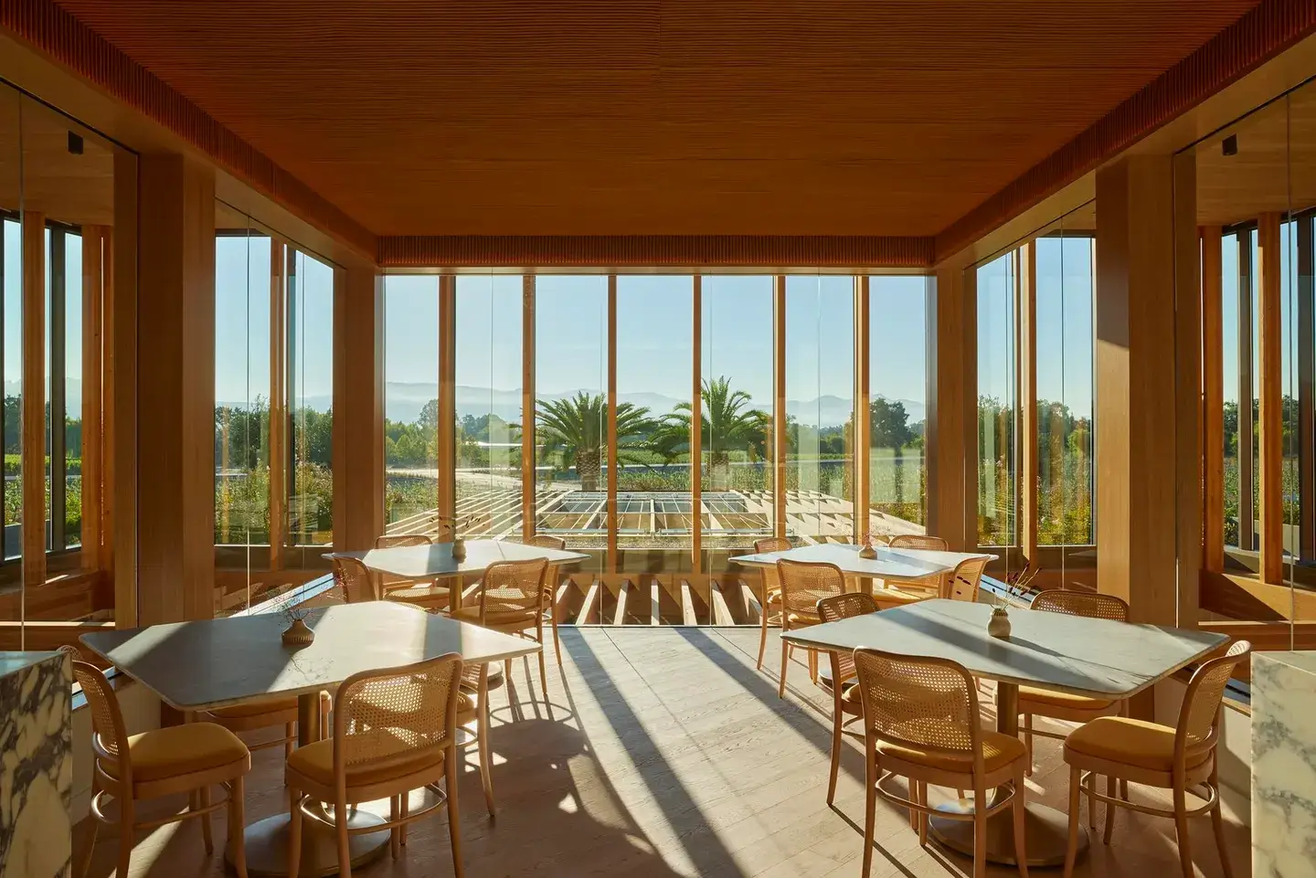 The interior of The Jewel Box tasting area offers sweeping views of Napa Valley.Yoshi Makino for Far Niente Wine Estates<br />
