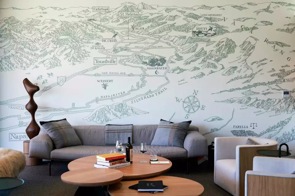 The achromatic tasting room features a pair of massive murals by Bay Area illustrator Craig Frazier that are meant to tell the backstory of Realm.</p>
<p>Jessica Christian/The Chronicle