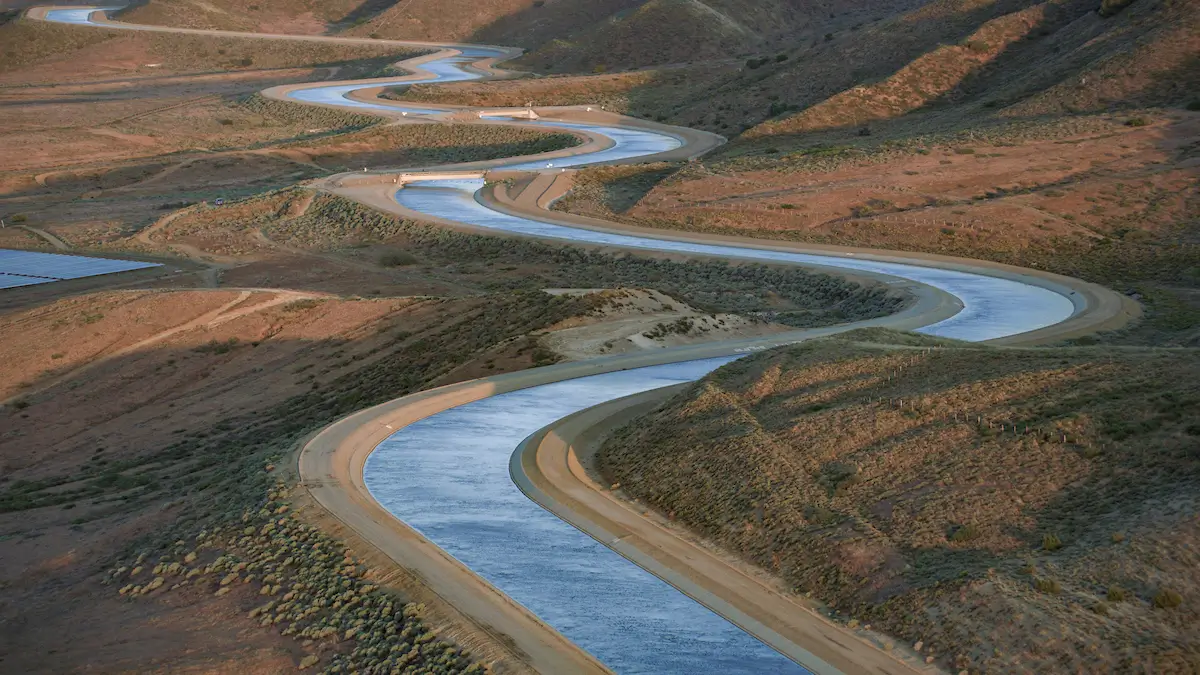 A windy stretch of the East Branch California Aqueduct in Palmdale, California, located in Los Angeles County near mile post 327.50 on May 12, 2023.</p>
<p>